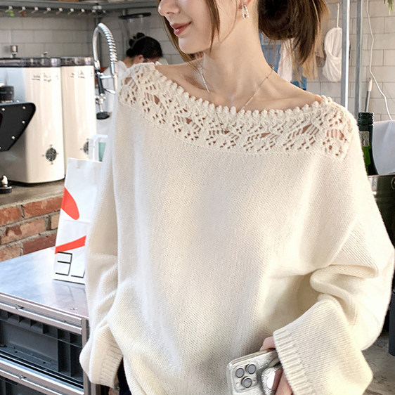 韩版秋冬蕾丝镂空花边领针织毛衣女2026新款宽松慵懒温柔风上衣