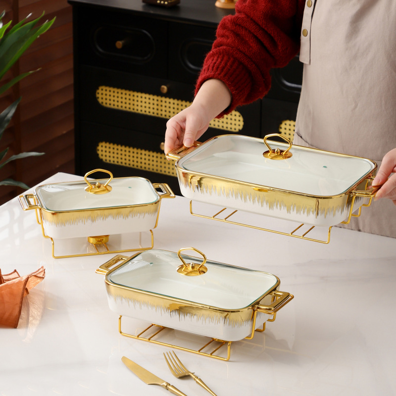 Ceramic Black and White Gold-plated Rectangular Binaural Bakeware Creative Hotel Tableware Nordic Iron Frame Baking Bakeware suit