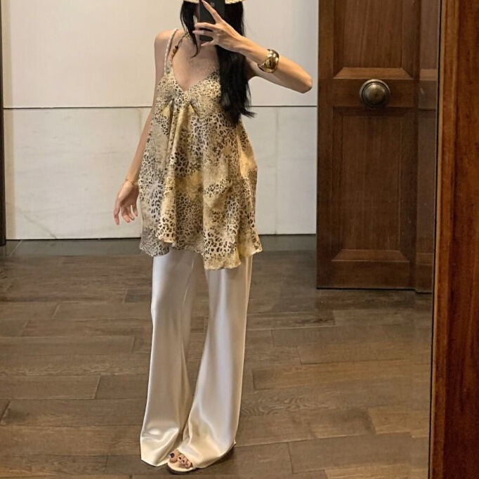 New Korean Style Irregular Leopard Print Halterneck Camisole Women's Summer Fashion Casual Pants Straight Pants Two-Piece Set