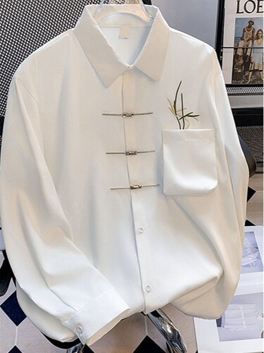 Men's High-End Chinese Style Casual Long-Sleeve Shirt with Traditional Button Closures, Loose Fit, Flowing Sensation, and Modern Chinese Outfit