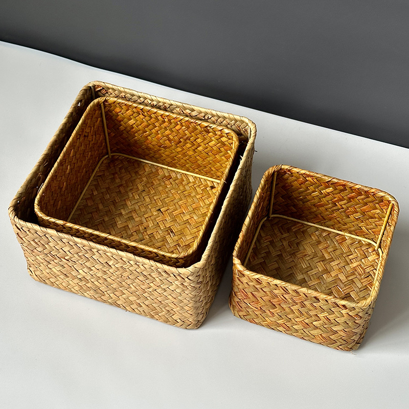 Handmade rattan storage basket desktop square snacks and sundries rattan basket seaweed woven onion ginger garlic storage basket wholesale