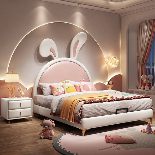Children's Bed for Girls, Princess Bed, Modern Simple Cartoon Rabbit Bed 1.5m Single Bed for Bedroom, Storage Bed for Little Girls