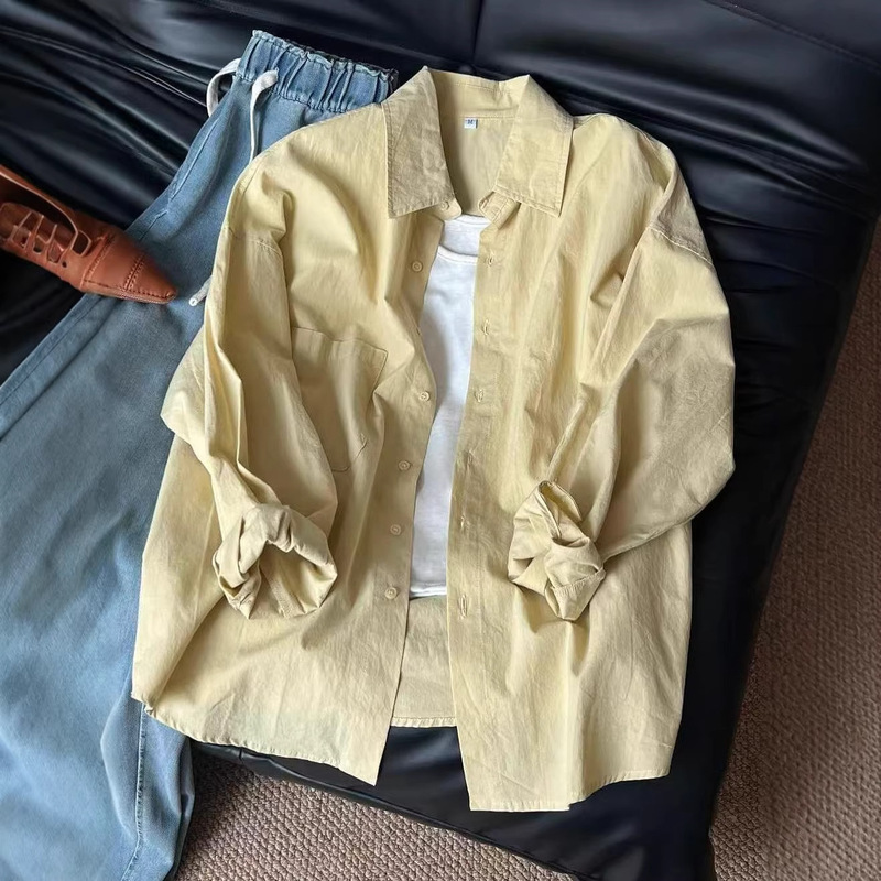 Long-Sleeved 10 Cotton Right Shoulder Slim Shirt Shirt for Women Layered Jacket Outer Top Couple Style Loose and Super Fairy