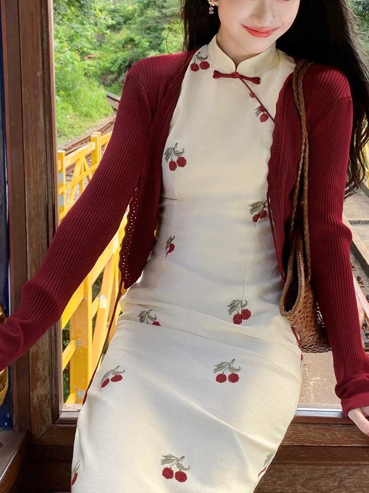 Qin Ying' New Chinese Style Cherry Embroidery Modified Cheongsam For Women, Early Autumn Vintage Stand Collar_ecoleips.com