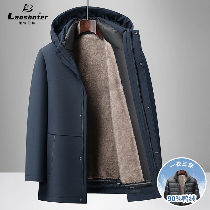One-Piece Three-Wear Middle-Aged Men's Mid-Length down Jacket Winter Detachable Fleece-Lined Thickeneded Liner Warm down Jacket