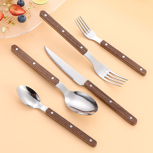 Cross-border Stainless Steel Western Food Rivet Clip Handle Knife and Fork Spoon Imitation Wood Handle Steak Knife Spoon Gift Tableware suit