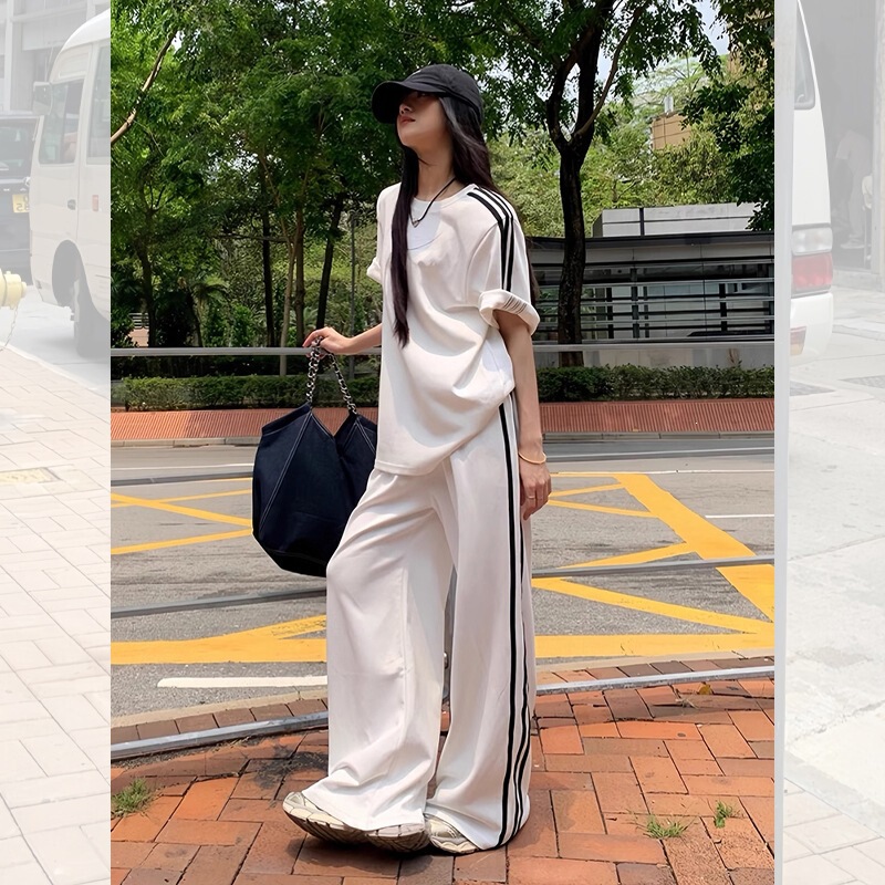 High-End Three-Stripe Sportswear Set for Women, Summer Student Loose-Fitting Trendy Five-Quarter Sleeve Long Pants Running Two-Piece Set