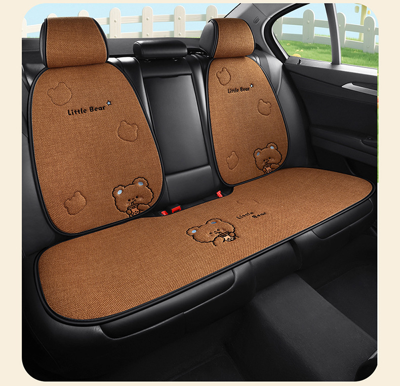 X009 Pure Hemp Milk Tea Little Bear Car Seat Cushion Universal Four Seasons Car Seat Pad Cute Cartoon Seat Cover Interior Accessories