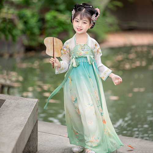 Girls Kids Chinese Hanfu fairy dress green floral princess cosplay kimono dresses children ancient Chinese ancient folk costume outfit for baby