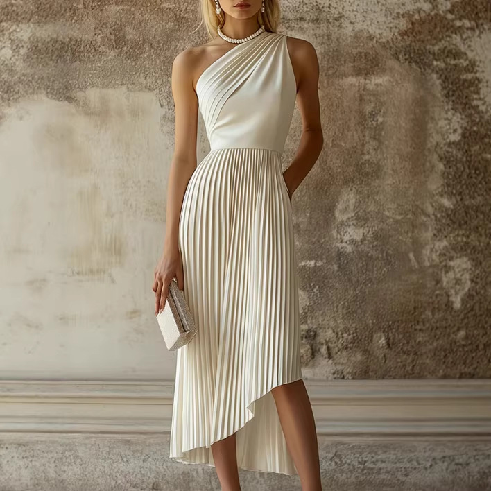 European and American Cross-Border Independent Website Elegant High-End Evening Dress White Pleated Sleeveless Midi Dress European and American Cross-Border Independent Website Elegant High-End Evening Dress White Pleated Sleeveless Midi Dress
