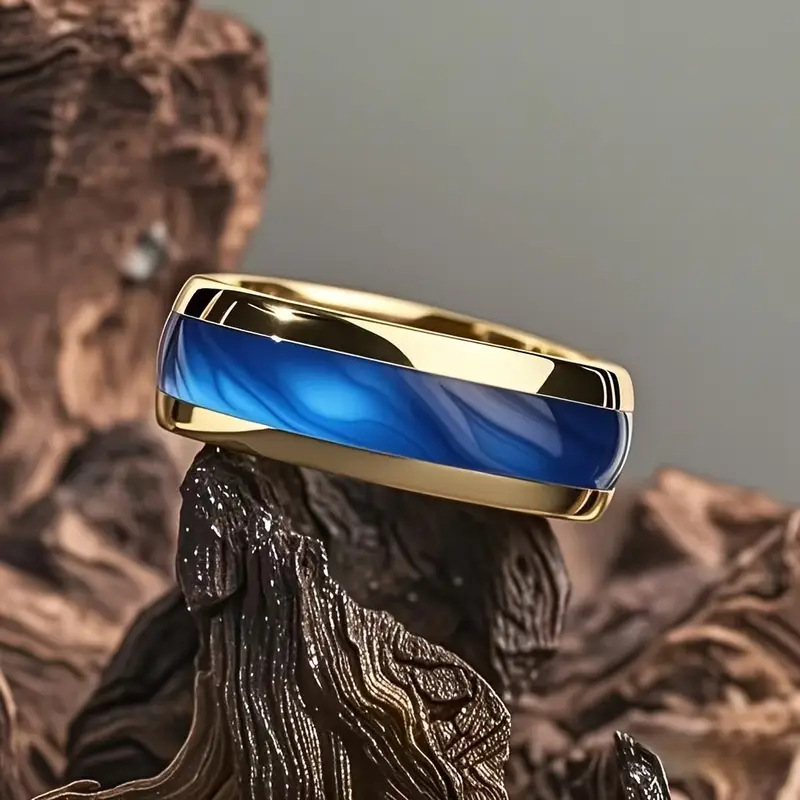 Gold Blue Background Ring Ring Business Men's Ring Gold Spherical Blue Turquoise Cross-Border