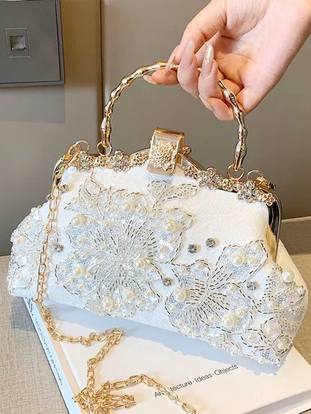 New Pearl Embroidered Bamboo Handbag Antique Cheongsam Banquet Clutch Heavy Industry Rivet Rhinestone Embroidered Bead Bag