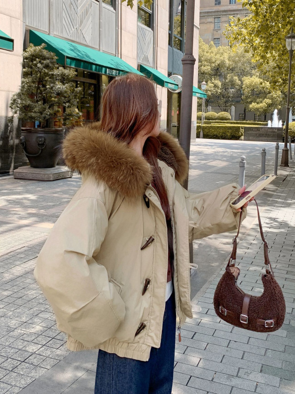 棉服女冬季牛角扣设计感大毛领加厚棉袄2025新款派克服棉衣外套|undefined