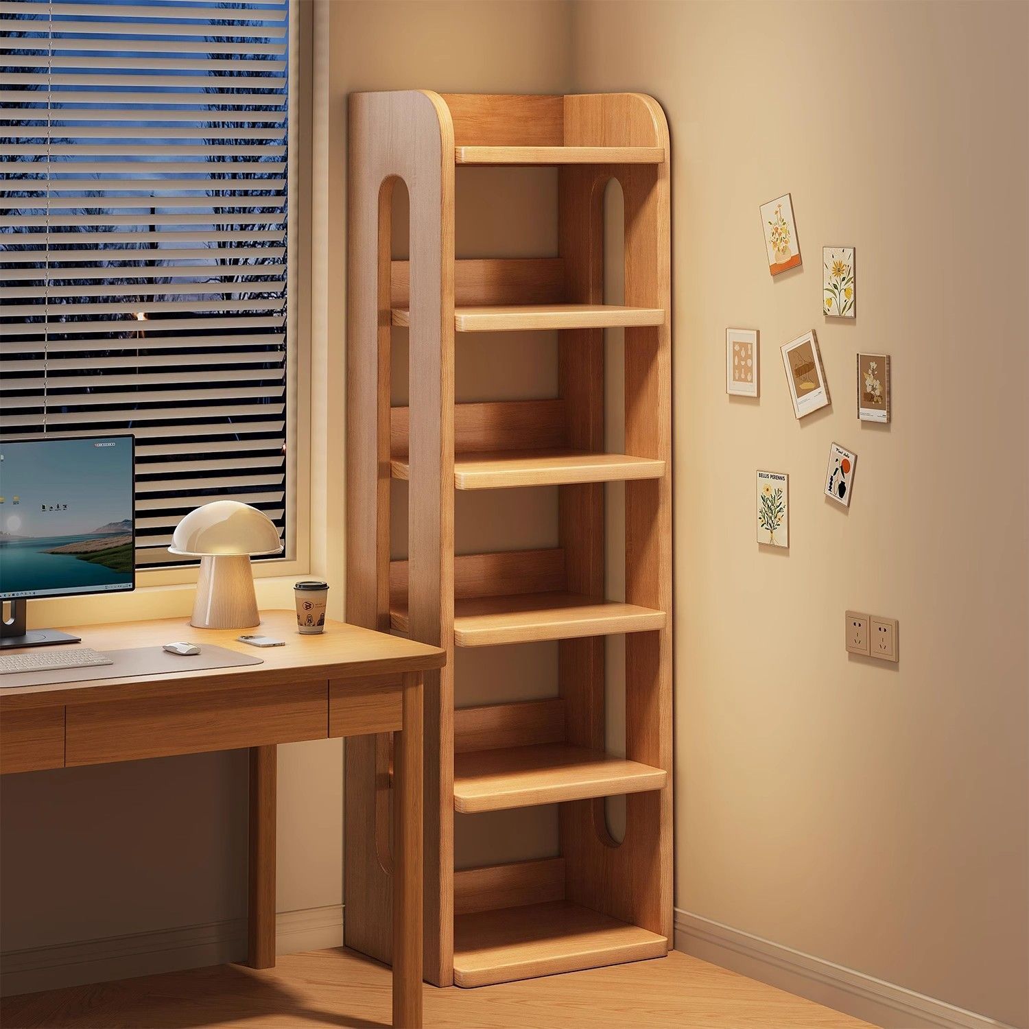 Solid Wood Bookshelf Integrated Wall-To-Ceiling Storage Rack Living Room Corner Storage Cabinet Kidsren's Picture Book Rack Simple Grid Cabinet