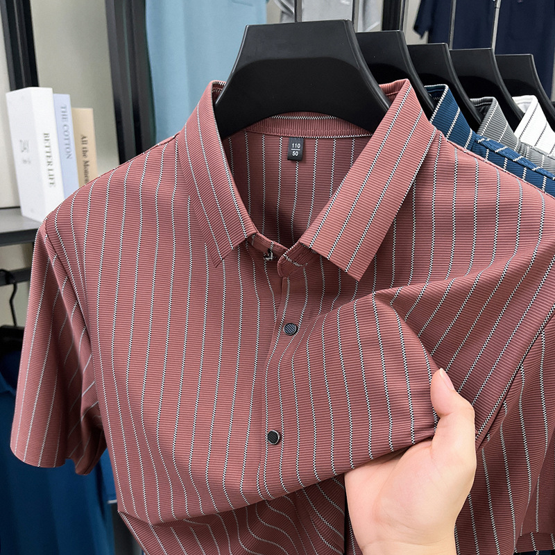 Cross-Border Men's Summer Thin Short-Sleeved High-End Ice Silk Striped Shirt Youth Cool Seamless Lapel Shirt Wholesale Cross-Border Men's Summer Thin Short-Sleeved High-End Ice Silk Striped Shirt Youth Cool Seamless Lapel Shirt Wholesale