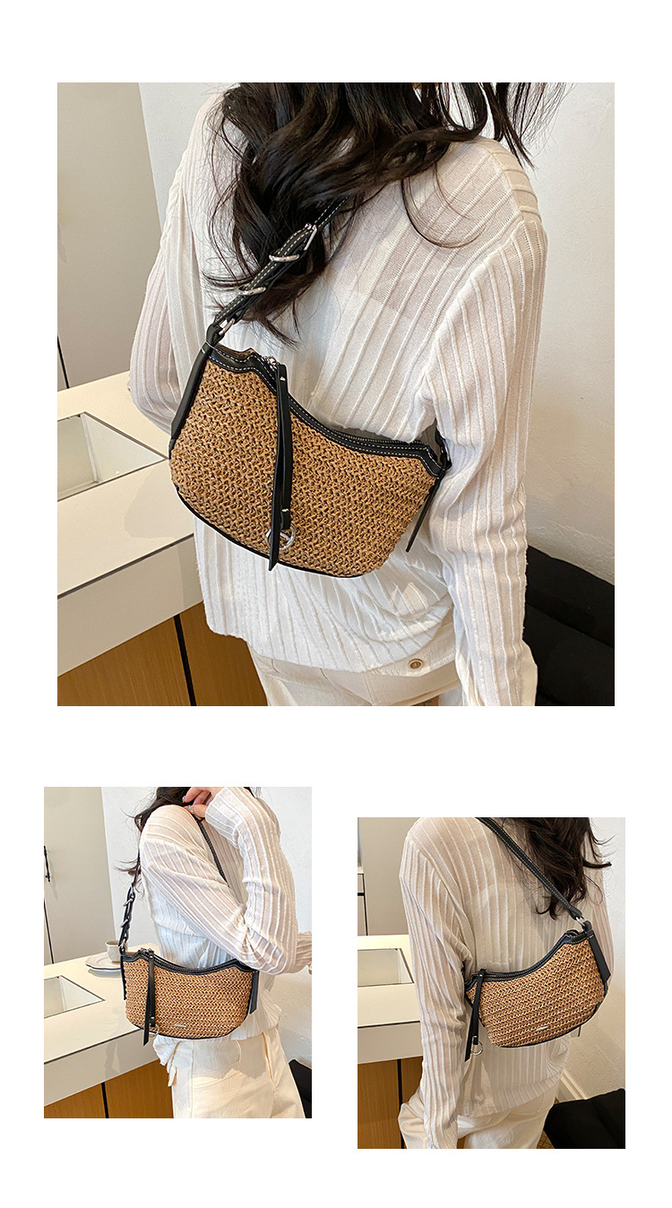 Woven Straw Contrast Trim Crescent Crossbody Bag 13