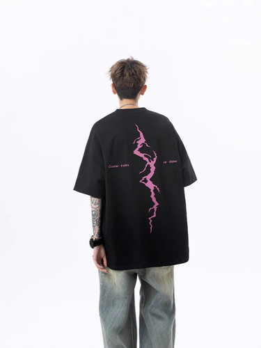 American Heavyweight Lightning Print Short-Sleeve T-Shirt for Men - 2025 Summer Trendy Brand Casual Loose Half-Sleeve T-Shirt