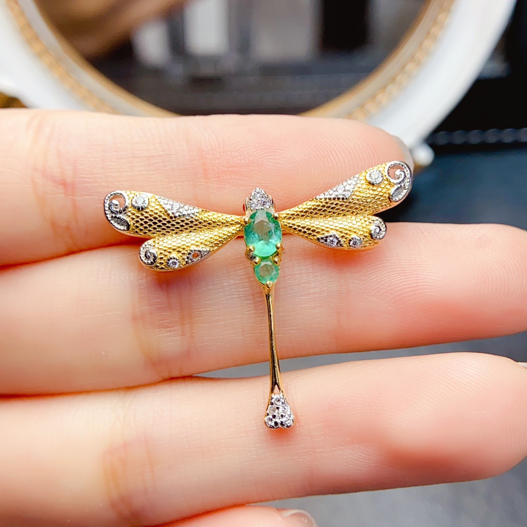 Cross-Border Exclusive Natural Emerald S925 Brooch 4*5mm Jewelry Jewelry Girls Accessories Factory Wholesale