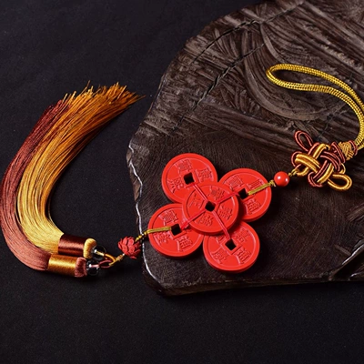 Imperial Sand Cinnabar Five Emperors Money Car Hanging Men's and Women's Chinese Knot Double Tassel Car Hanging Pendant Rearview Mirror Gift (Car hanging) - imperial-sand-five-emperors-money-yellow-coffee-double-tassel-chinese-knot-car-hanger