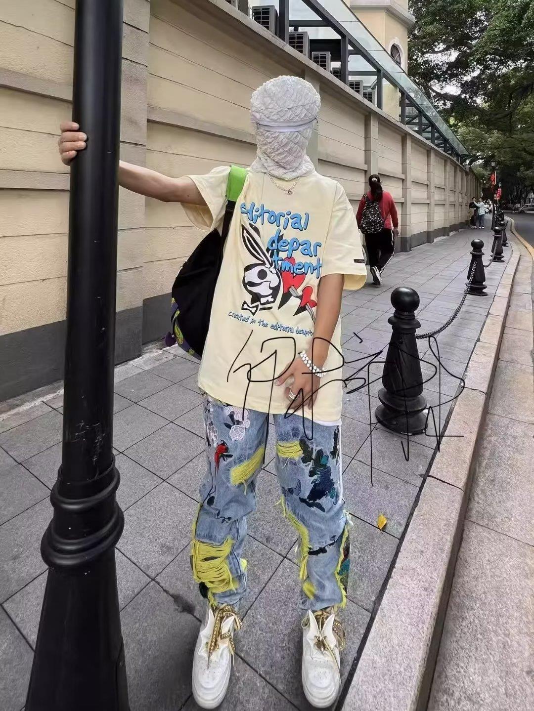 Heavy Embroidered Ripped Jeans American Hong Kong Style Street Fashion for Men And Women mid Waist Straight Pants Blue Long Brushed_voghion.com