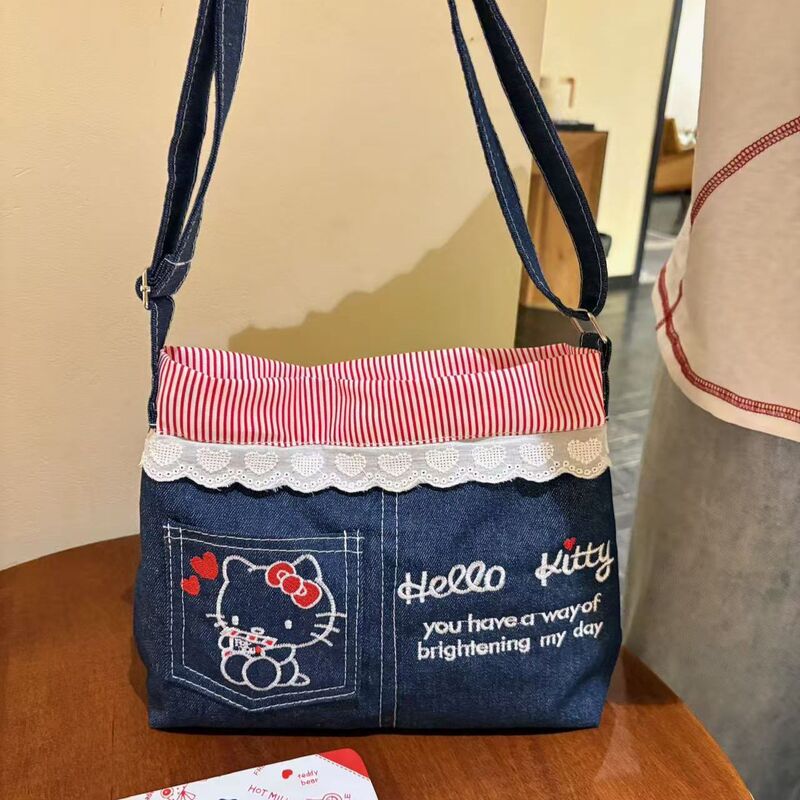HelloKitty可爱新款单肩斜挎包ins牛仔撞色条纹刺绣大容量包包|undefined