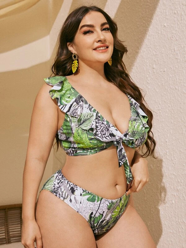 2022 New Large Size Swimsuit Amazon AliExpress Independent Station Leaf Print Bikini Three Piece Bikini