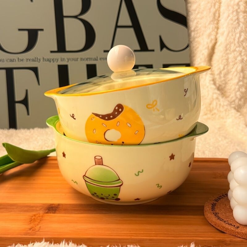 Cute cartoon donut-shaped ceramic bowl with lid for home use, student dormitory, noodle bowl, soup bowl, eating bowl Cute cartoon donut-shaped ceramic bowl with lid for home use, student dormitory, noodle bowl, soup bowl, eating bowl