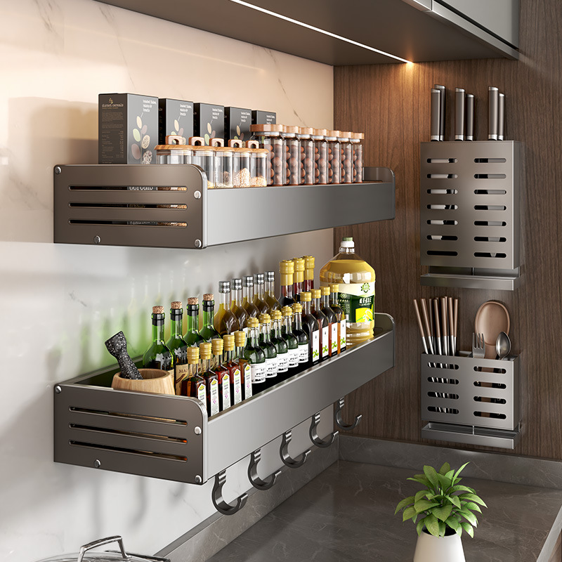 Kitchen rack wall-mounted punch-free gun ash seasoning supplies complete knife rack hanger multi-functional storage rack