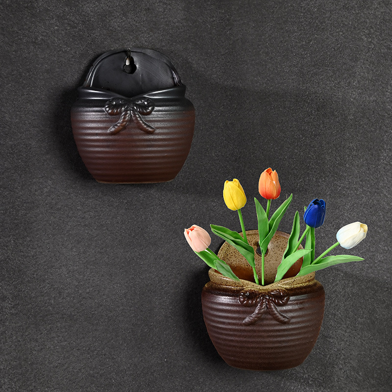 Patio al aire libre montado en la pared retro creativa maceta de eneldo verde cerámica de cerámica de gres para el hogar olla de cerámica carnosa liquidación al por mayor