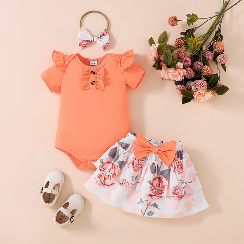 2025 Summer Baby Girl Button Folded Edge Short Sleeve Pajama Top with Flowers and Bow Ties, Semi-Cake Dress Set