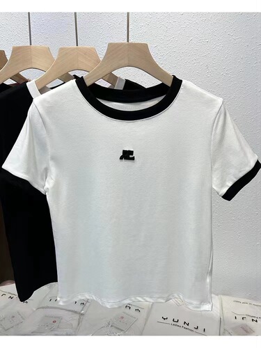 210g 40 pieces 1x1 ribbed cotton (92 cotton 8 spandex) embroidered fashionable women's T-shirt