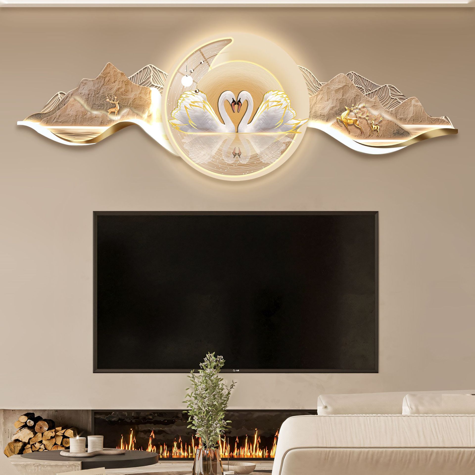 Modern light luxury lamp painting with backer on the back, decorative painting above the TV, new Chinese style atmospheric landscape high-level hanging painting