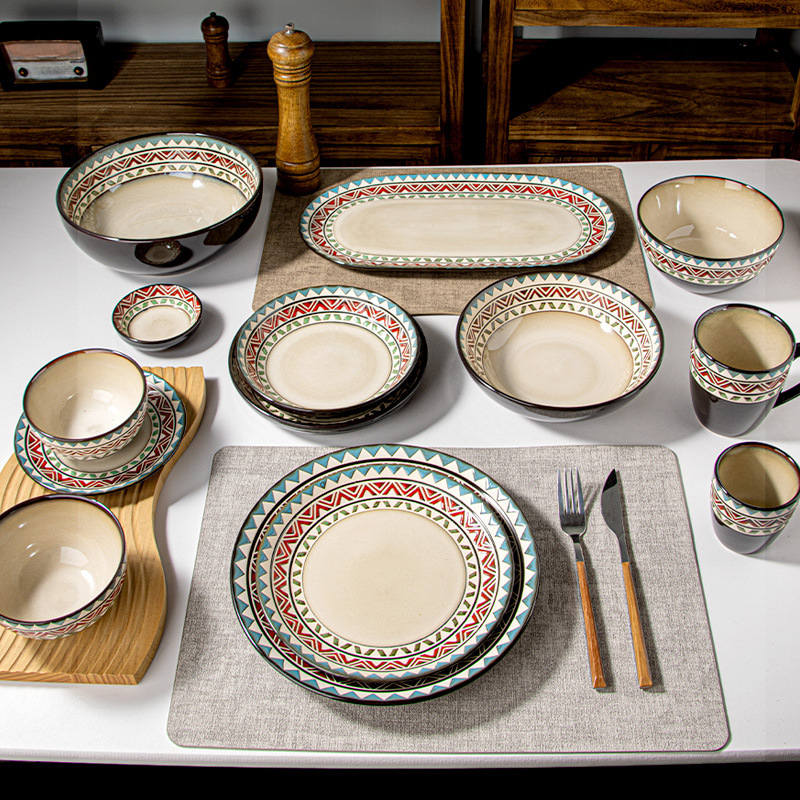 European-Style Underglaze Color Ruige Plate and Dish Set Kiln-Glazed Relief Western Dinner Plate Rice Bowl Water Cup Fish Plate Noodle Bowl Custom-Made European-Style Underglaze Color Ruige Plate and Dish Set Kiln-Glazed Relief Western Dinner Plate Rice Bowl Water Cup Fish Plate Noodle Bowl Custom-Made