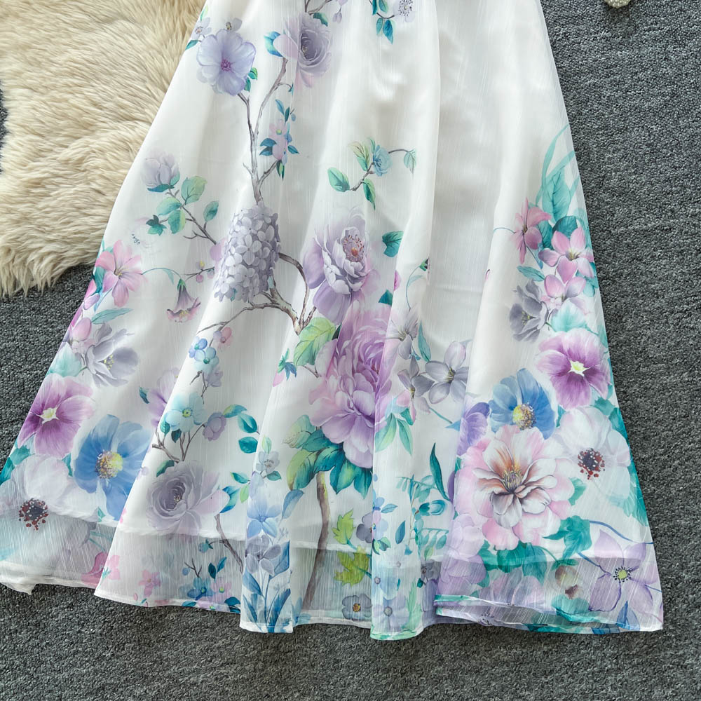 Women's French Retro Floral Print Two Piece Skirt Set Stand Collar Lantern Sleeves Slimming Maxi Skirt Autumn Style_ecoleips.com