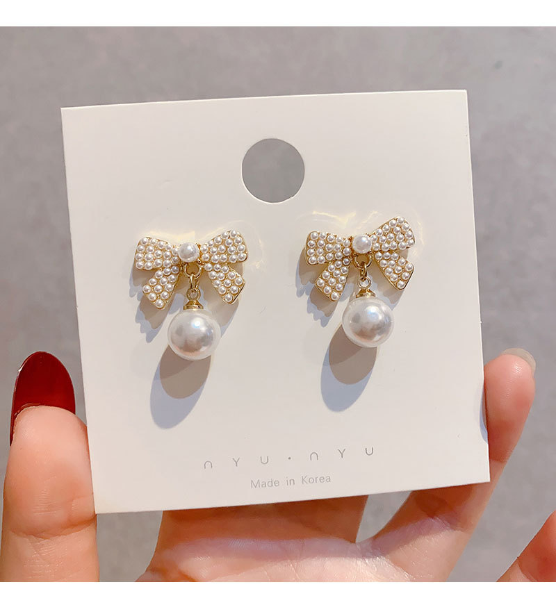 Korean Bow Pearl Earrings display picture 6