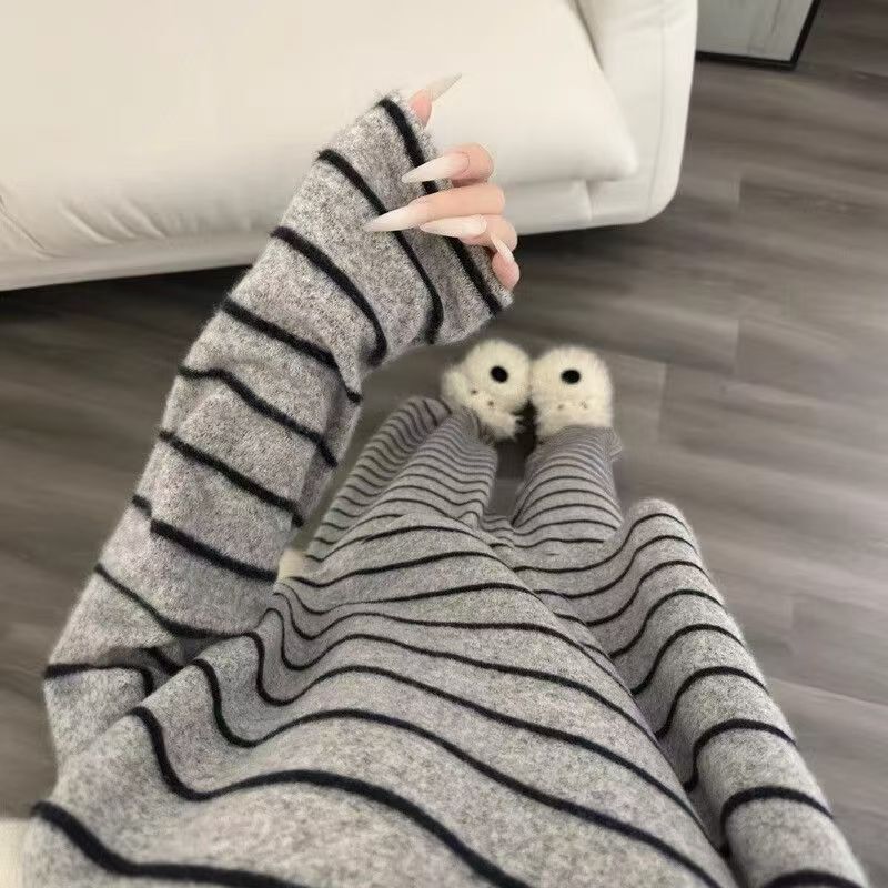 Loose Pajamas for Women 2025 New Spring and Autumn Striped Thermal Velvet Set Petite Long-Sleeve Long Pants High-End Feel