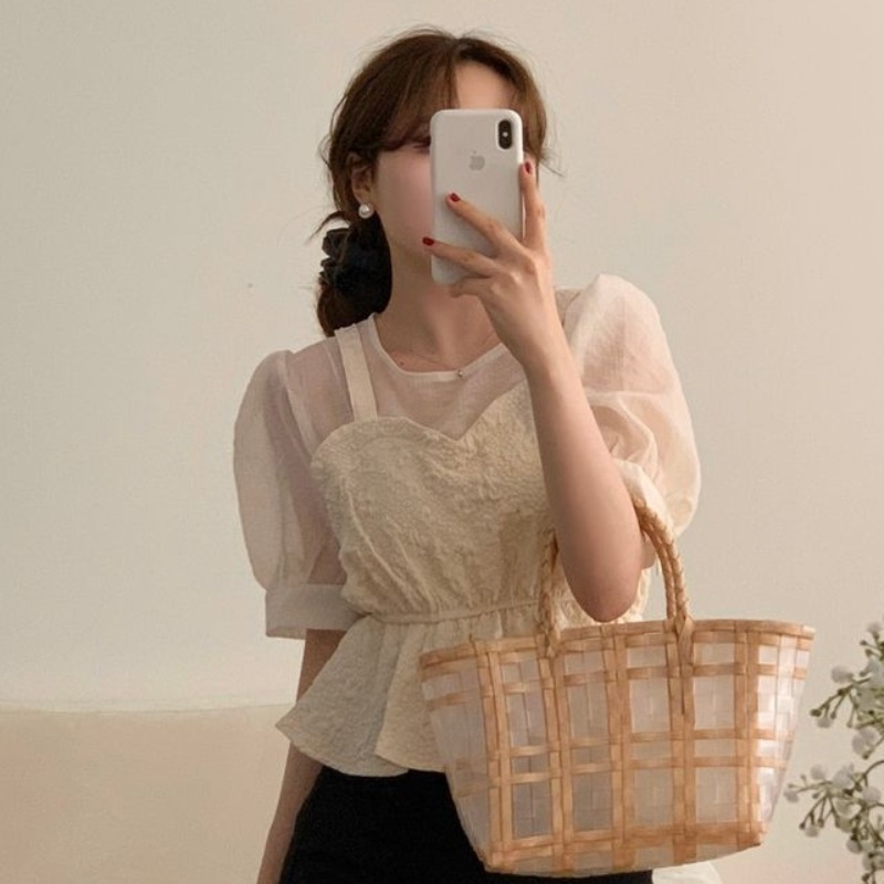 韩版气质泡泡袖假两件衬衫女秋冬季衬衣小个子收腰短款上衣娃娃衫