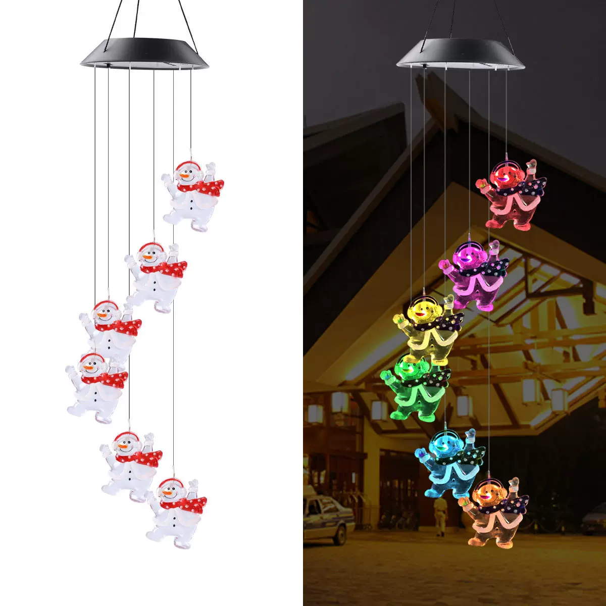 厂家批发户外太阳能七彩led雪人风铃灯太阳能灯礼品吊灯灯串灯具