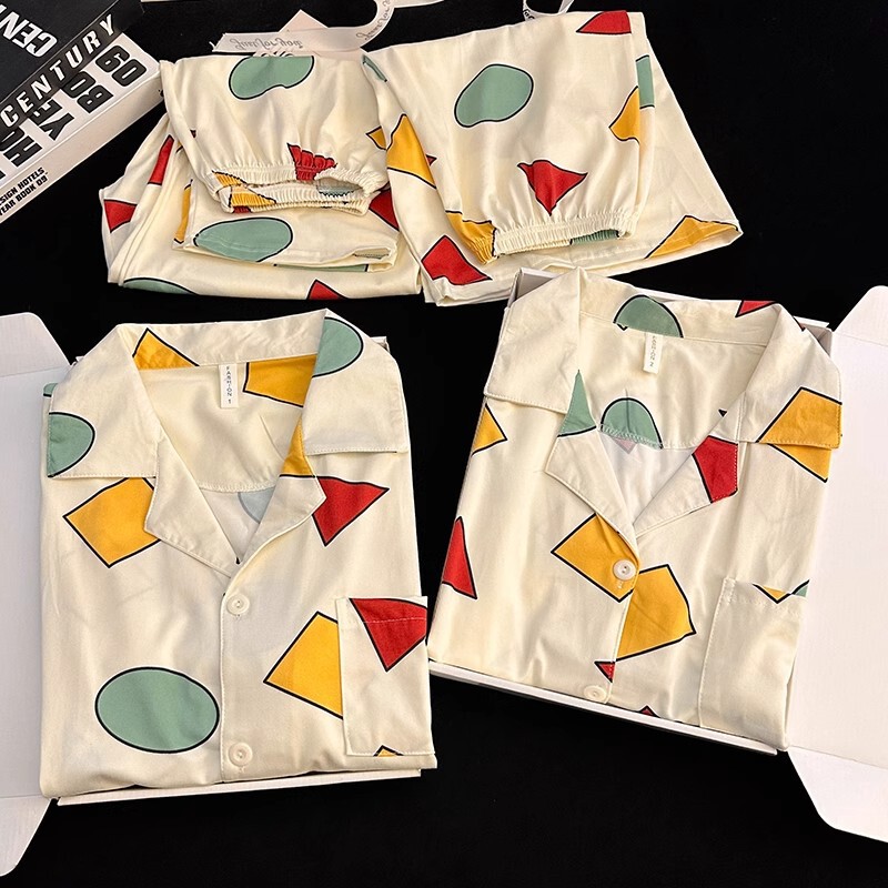 Japanese Cartoon Style Crayon Shin-Chan Couple Pajamas Women's Spring and Summer Short-Sleeved Three-Piece Set Pure Cotton Boys' Home Clothes