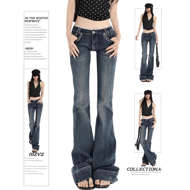 American-Style Dark Blue Spicy Girl Yi Mengling's Low-Rise Jeans for Women, Slimming Design, Floor-Length Flared Pants