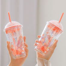 夏季高颜值樱花星空杯带盖吸管杯玻璃杯女生咖啡杯办公室泡茶杯