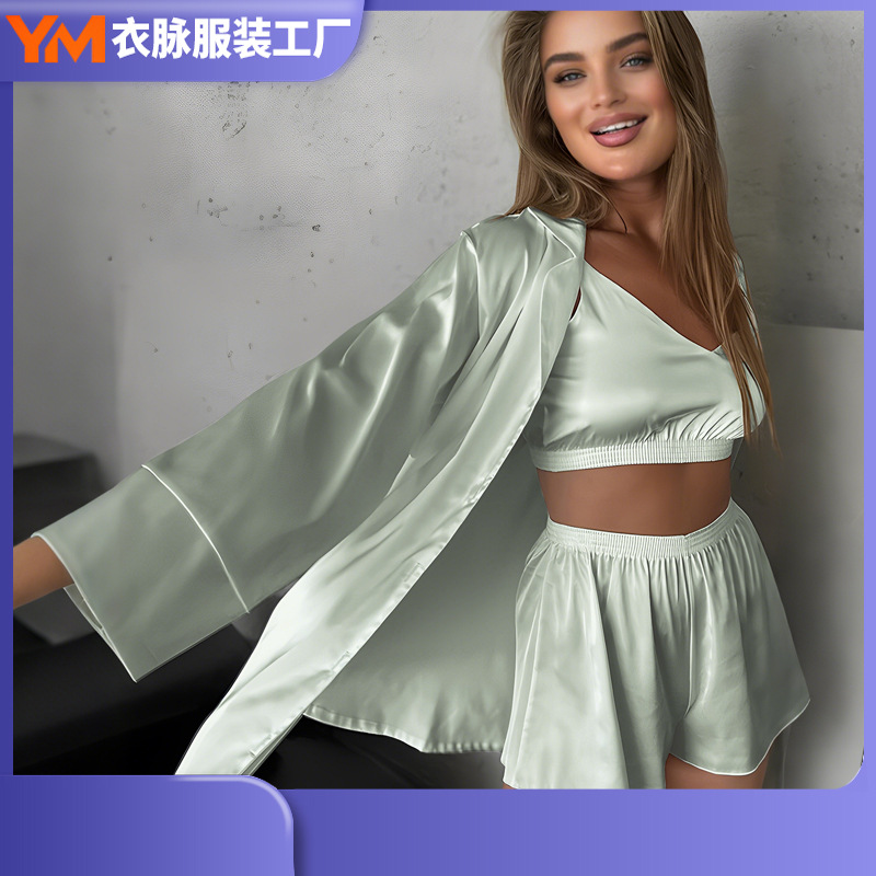 Nuevo estilo transfronterizo europeo y americano sexy top tirantes pantalones cortos de tres piezas textura de seda albornoz de manga larga ropa de hogar al por mayor