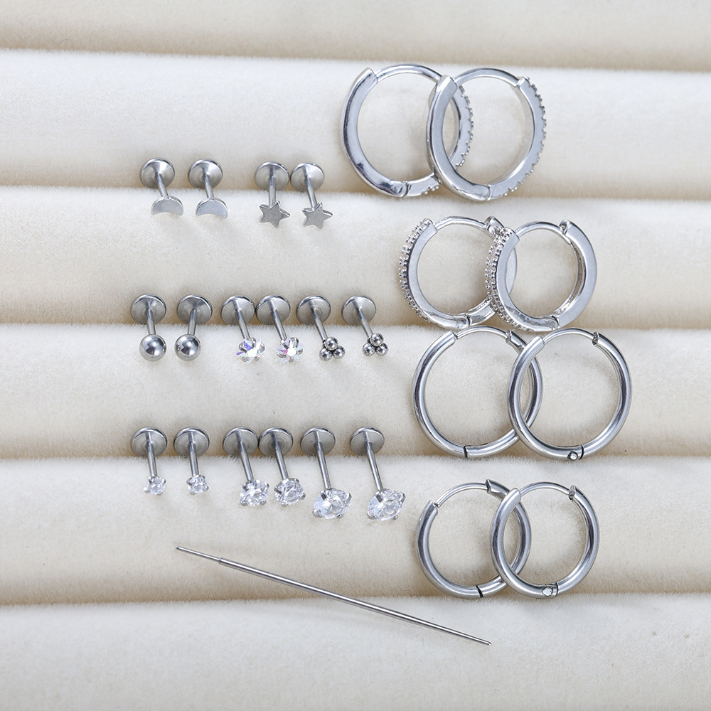 High-Quality Stainless Steel Stud Earrings with Zircon Inlays, Geometric Star Design, Silver Set - Various Sizes Available detail image 8