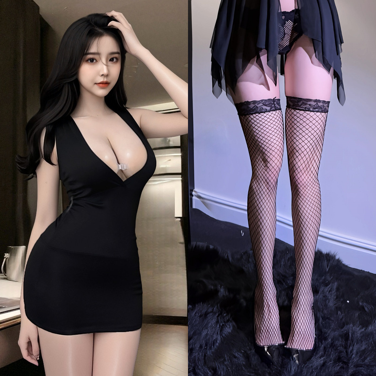 블랙 + 블랙 망사 스타킹