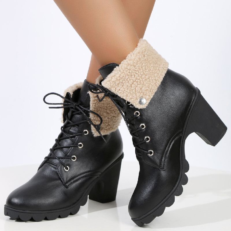 Women's Shoes short boots autumn and winter new large size round toe thick heel lace up cuffed women's leather boots_voghion.com