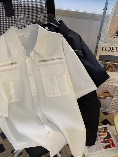 Workwear Short Sleeve Shirt Men Summer High Street Indie Advanced Design Aesthetic American Heavyweight Loose Casual Inch Shirt Jacket