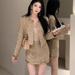 法式小香风套装粗花呢亮片长袖短外套女秋冬穿搭包臀半身裙两件套