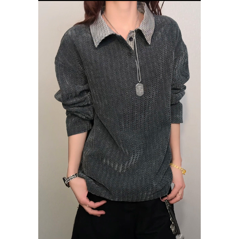 Herren-Sweatshirt mit schwerem Polokragen im amerikanischen Stil mit Fischgrätenmuster, gestreiftes Langarm-T-Shirt für den Frühling_voghion.com