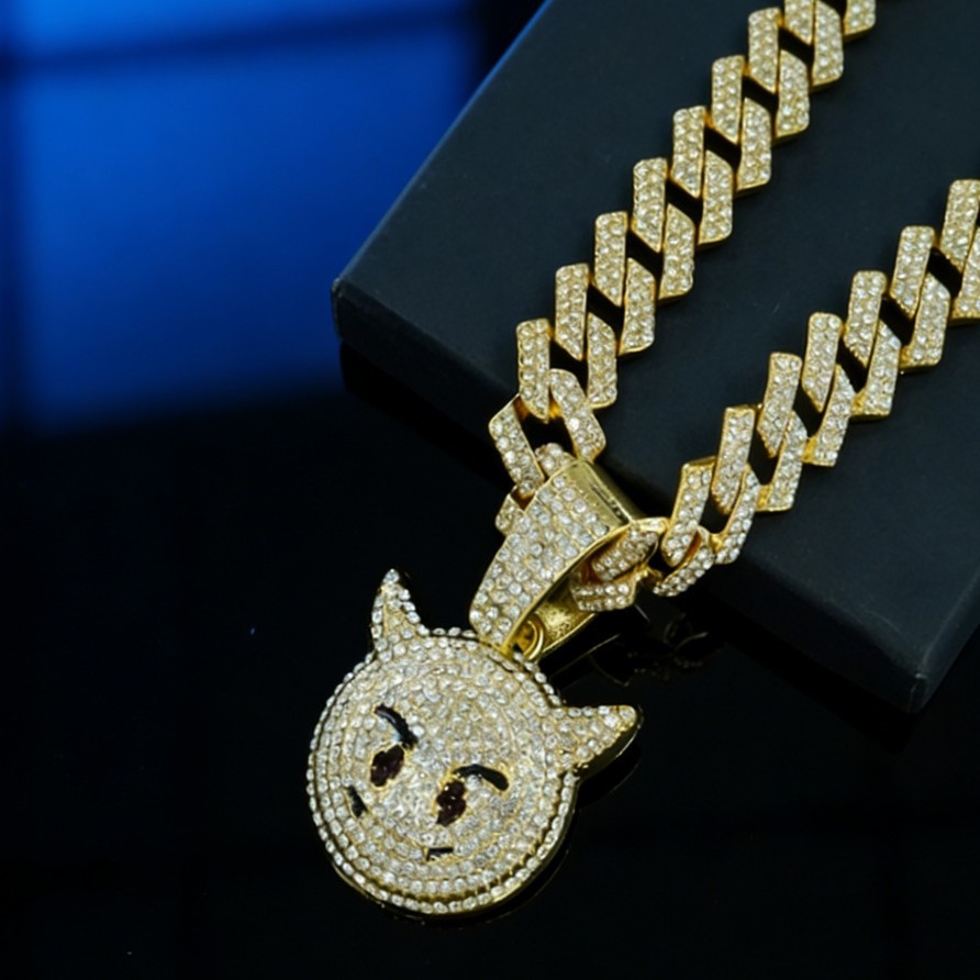 Collar de Moda con Colgante de Diablillo, Estilo Hip-Hop, con Diamantes, Cadena Cubana, Joyería Ligera de Lujo para Halloween