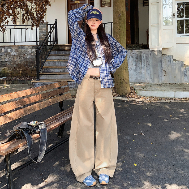 卡其色弯刀牛仔裤女2025秋季新款高腰显瘦宽松直筒工装休闲裤子|undefined